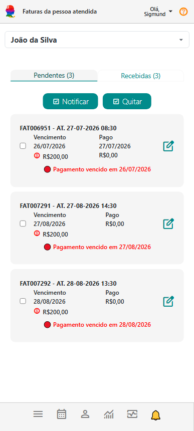 Painel Faturas da Pessoa Atendida