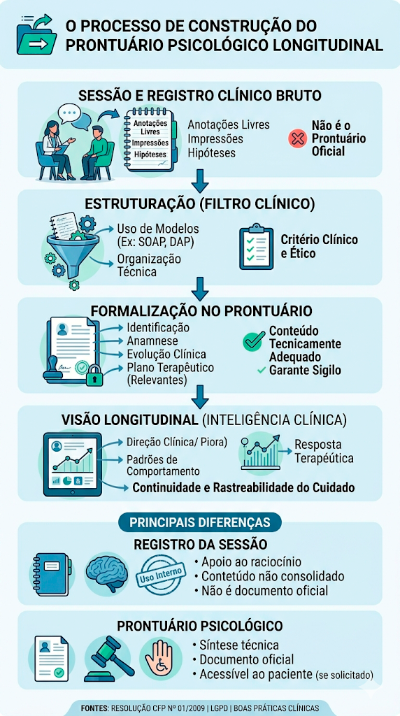 Infográfico mostrando como o prontuário psicológico é construído de forma longitudinal, passando por registro da sessão, modelos clínicos como SOAP, formalização técnica e análise da evolução do paciente