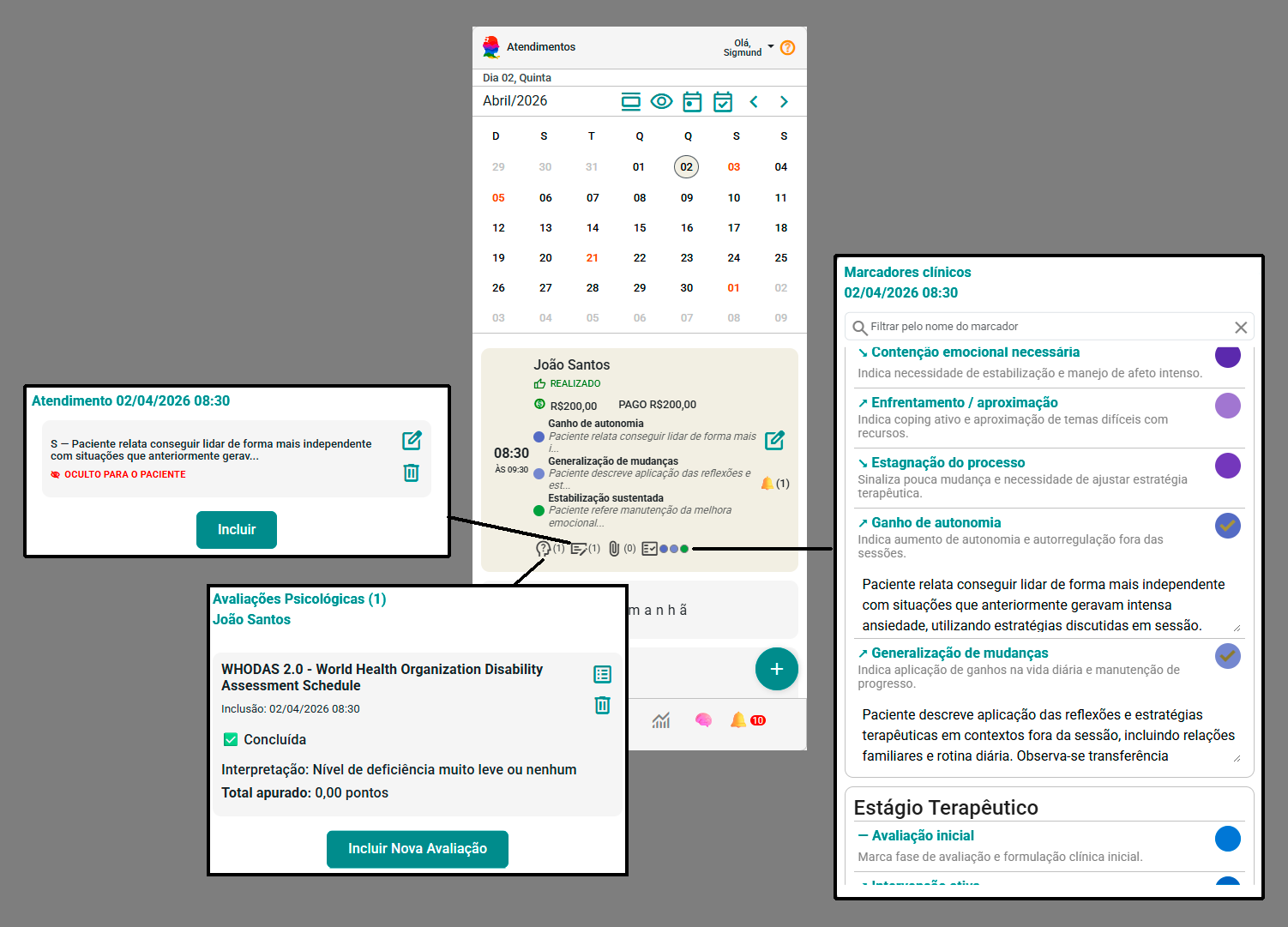 diferentes elementos da prática clínica — agenda, registros, avaliações e marcadores