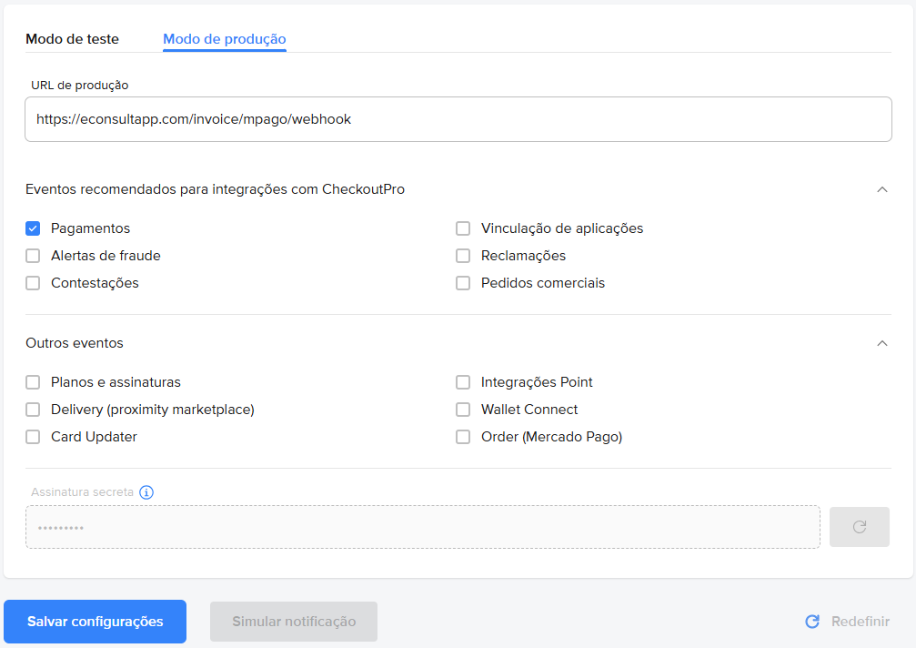 Painel Configurações