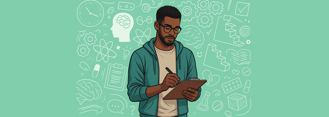 Ilustração de psicólogo fazendo anotações clínicas